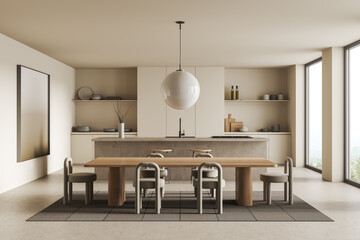 Light kitchen interior with chairs and table, eating space and window