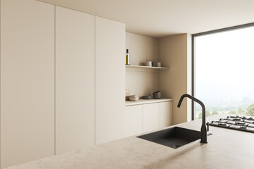 Light kitchen interior with countertop, sink and shelves, panoramic window