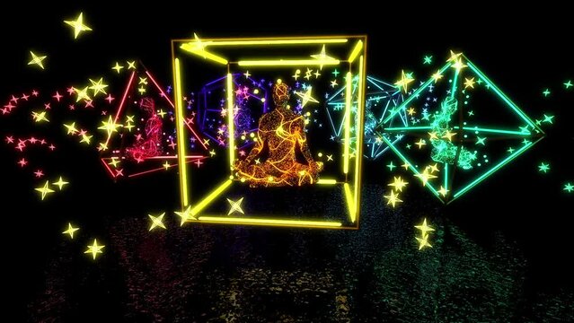looped 3d animation of sacred Platonic polyhedra and yogis meditating in them with rotating stars around
