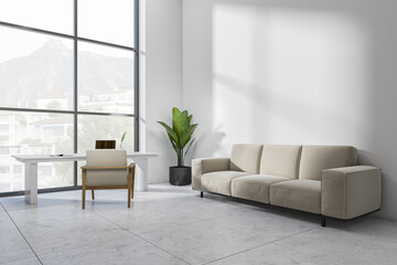 Light workplace interior, couch and table with computer, panoramic window. Mockup