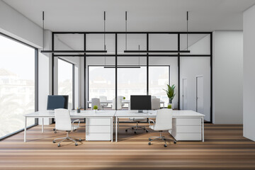 Office interior with pc computer and armchair, panoramic window on countryside