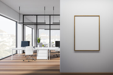 Office workplace interior with pc computer, panoramic window. Mockup frame