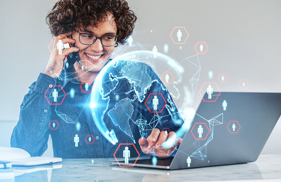 Businessman talk on the phone, earth sphere and social network, - Powered by Adobe