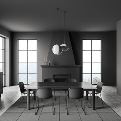 Dining room interior with chairs and fireplace, panoramic window