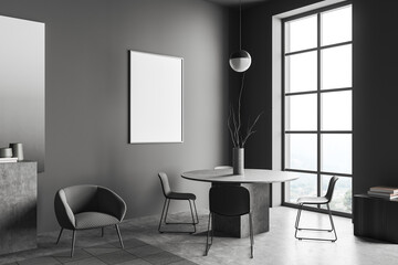 Grey dining room interior with table and seats, window and mockup frame