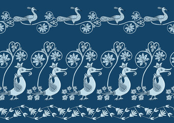 Byzantine traditional historical motifs of animals, birds, flowers and plants Seamless border pattern, linear ornament, ribbon in blue. Vector illustration.