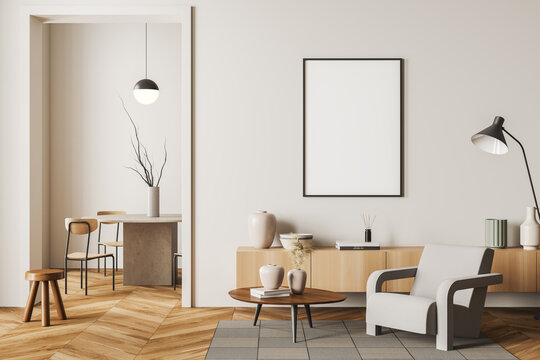 Relax room interior with chairs and decoration, hall and mockup frame