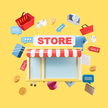 Store building with floating market icons, online shopping
