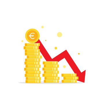 golden euro coins stack and down arrow. Economy, finance, money symbol. Currency pictogram. Vector illustration. decrease, fall symbol.