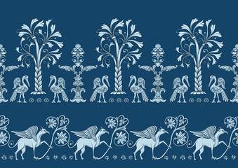 Byzantine traditional historical motifs of animals, birds, flowers and plants Seamless border pattern, linear ornament, ribbon in blue. Vector illustration.