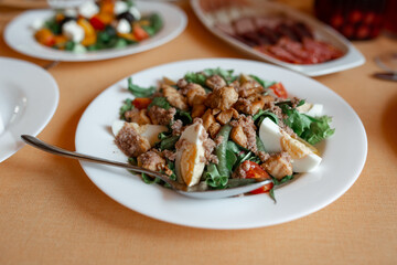 Salad with meat, tomatoes, eggs and herbs. White plate on the table in the restaurant