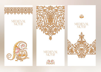 Fototapeta premium Byzantine traditional historical motifs of animals, birds, flowers and plants Template for wedding invitation, greeting card, banner, gift voucher, label. Vector illustration.