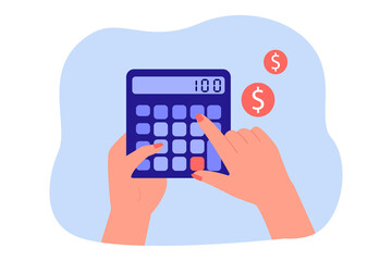Finger pressing buttons on calculator. Person counting income, planning household or company budget flat vector illustration. Finances, calculation concept for banner, website design or landing page