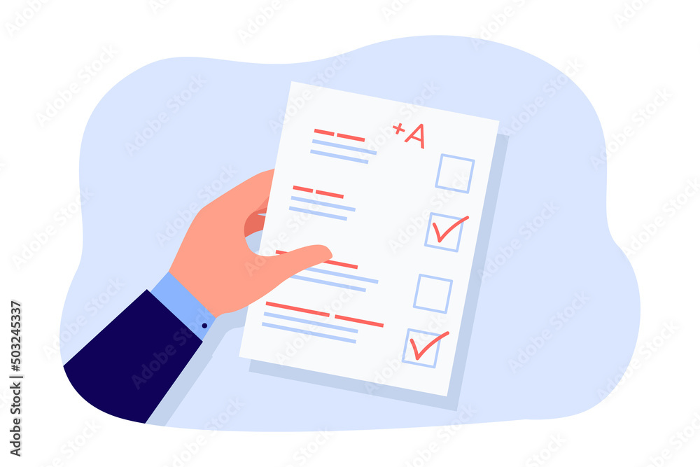 Wall mural hand of student holding test or exam paper with excellent mark. sheet of paper with checkboxes and c