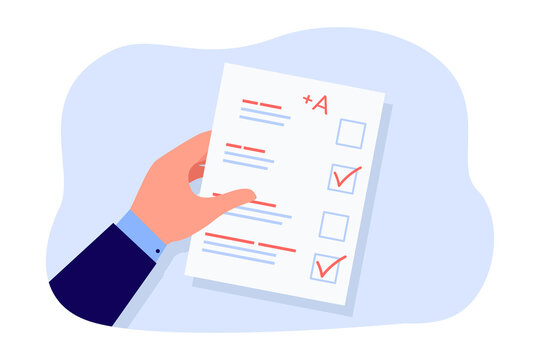 Hand of student holding test or exam paper with excellent mark. Sheet of paper with checkboxes and checks flat vector illustration. Education, success concept for banner or landing web page