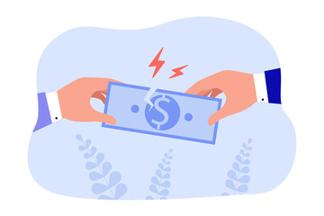 Hands of businessmen tearing dollar bill. Business partners holding torn banknote flat vector illustration. Finance, investment, bankruptcy, conflict concept for banner or landing web page