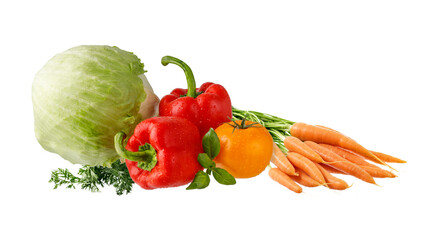 Fresh whole iceberg salad, red paprika and yellow tomato with water drops, bunch carrots, basil leaves isolated on white background.