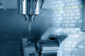 Abstract scene  4-axis  machining center cutting the aluminum gear housing parts and G-c0de data background.