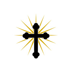 Christian cross with sun rays icon isolated on white background