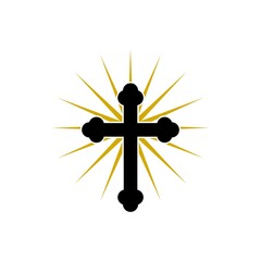 Christian cross with sun rays icon isolated on white background