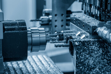 The multi-tasking CNC lathe machine swiss type thread cutting the metal parts. - obrazy, fototapety, plakaty