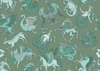 Obraz premium Symbolic, heraldic animals and creatures. Classic, traditional design. Historical ornament seamless pattern, background. Vector illustration.