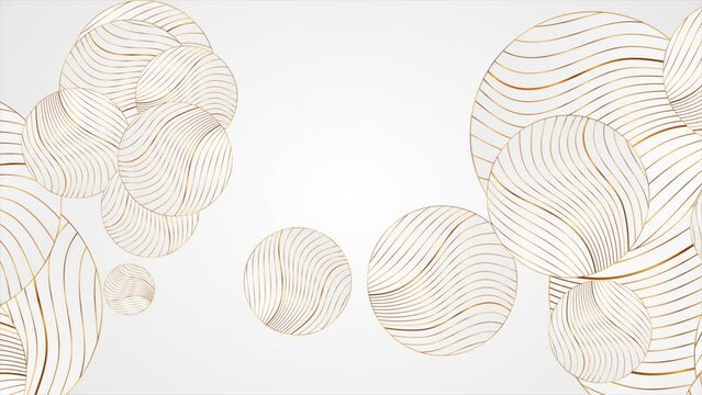 White abstract motion background with circles and golden wavy pattern. Seamless looping. Video animation Ultra HD 4K 3840x2160