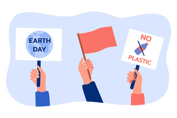 Hands holding red flag and placards supporting environment. People with signs with planet and plastic water bottle flat vector illustration. Ecology, Earth day concept for banner or landing web page