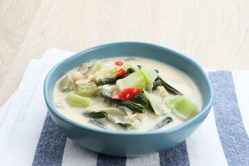 Sayur Lodeh or vegetable soup with coconut milk, delicious of traditional indonesian food. Consists of chayote, long beans, eggplant, cabbage and coconut milk. Served in bowl, close up.
