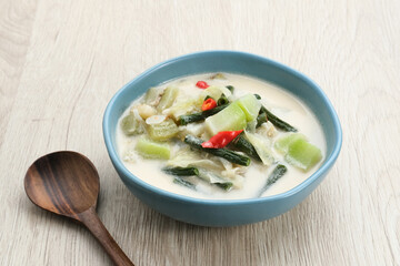 Sayur Lodeh or vegetable soup with coconut milk, delicious of traditional indonesian food. Consists of chayote, long beans, eggplant, cabbage and coconut milk. Served in bowl, close up.
