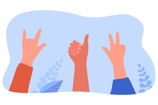 Hands of people showing different gestures. Cartoon persons showing thumbs up, peace and I love you sign flat vector illustration. Communication, sign language, accessibility concept for banner