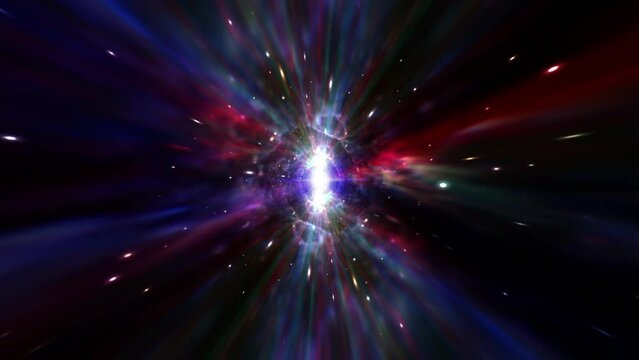 Abstract Interstellar flight, time travel jump in red blue hyper space with burst flare light warp.4K 3D Seamless Loop Hyper Tunnel or Wormhole Science Digital Background. Singularity, gravitational w