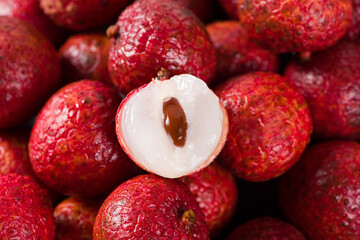 fresh litchi, lichee, lychee fruit on table