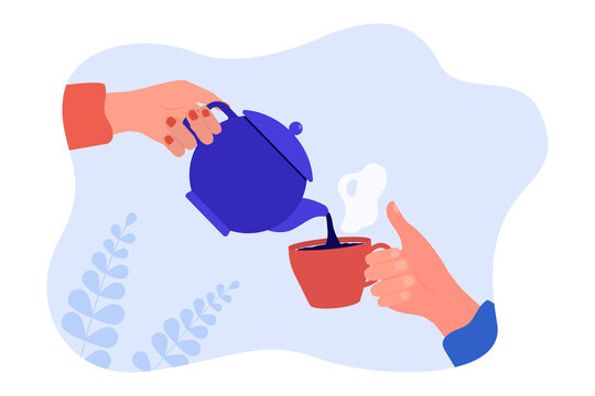 Hand holding teapot and pouring hot tea into cup. Male and female hands holding kettle and mug flat vector illustration. Communication, teatime concept for banner, website design or landing web page
