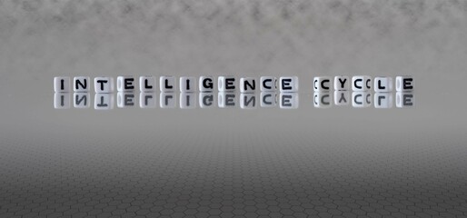 intelligence cycle word or concept represented by black and white letter cubes on a grey horizon background stretching to infinity