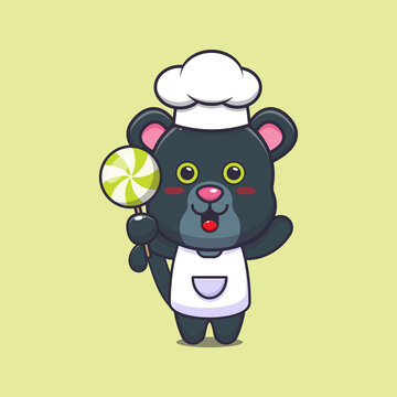 cute panther chef mascot cartoon character holding candy