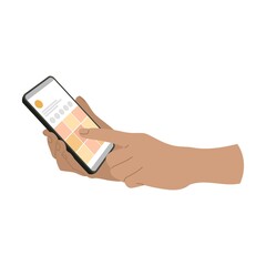 Hand holding smartphone and presses finger on touch screen, using mobile apps. Cartoon vector illustration of person showing phone