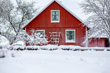Red house in winter landscape in Sweden