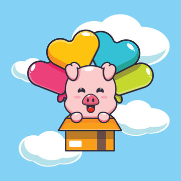 cute pig mascot cartoon character fly with balloon