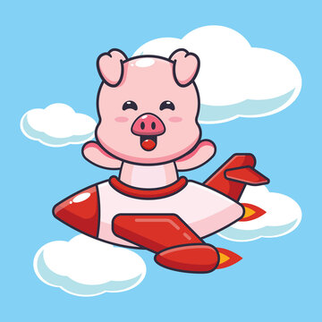 cute pig mascot cartoon character ride on plane jet