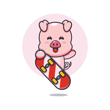 cute pig mascot cartoon character with skateboard