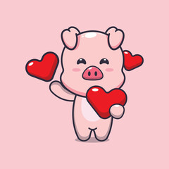 Obraz na płótnie Canvas cute pig cartoon character holding love heart in valentines day