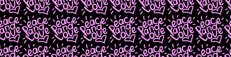 Peace and love - vector seamless pattern of inscription doodle handwritten on theme of anti-war, pacifism. Peaceful background, texture.