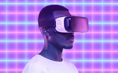 Metaverse avatar of user VR glasses playing video games over plaid neon background