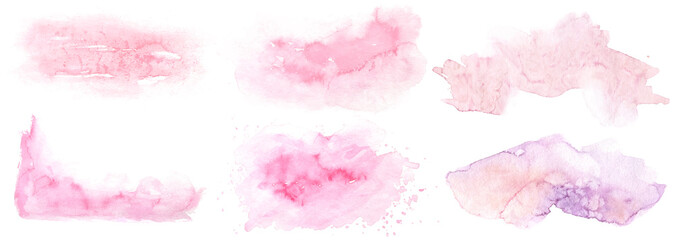 Watercolor set of abstract pink and violet colourful stains. Splashing hand drawn vector traced painting