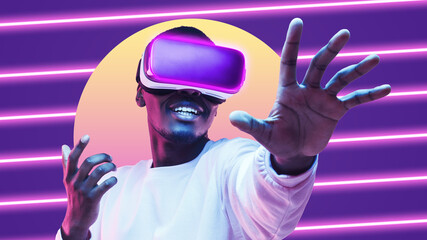 Metaverse user wearing virtual reality headset, playing VR game online