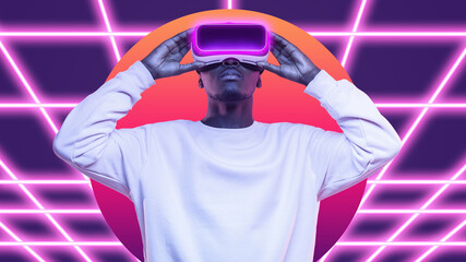 Metaverse user wearing vr goggles, playing virtual AR game online