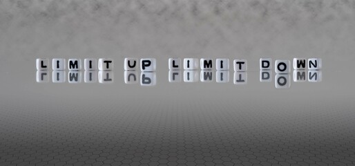limit up limit down word or concept represented by black and white letter cubes on a grey horizon background stretching to infinity © lexiconimages