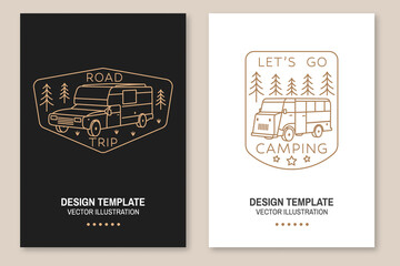 Lets go camping. Summer camp. Vector illustration. Concept for shirt or logo, print, stamp or tee. Line art flyer, brochure, banner, poster design with RV Motorhome and forest. Camping quote.