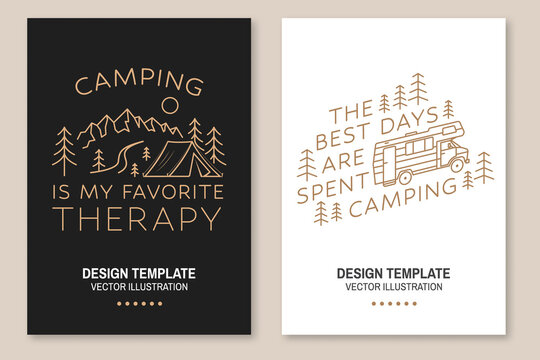 The best days are spent camping. Vector illustration. Concept for shirt, logo, print, stamp or tee. Line art flyer, brochure, banner, poster design with camping trailer and forest.